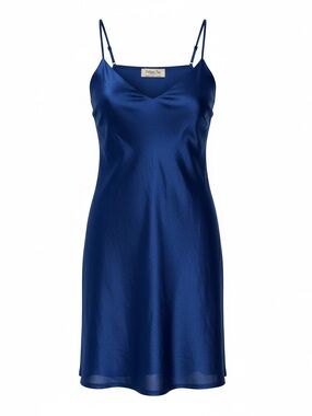 Satin Slip Midi Dress in Blue by Jolie & Joy by FCT with Love.